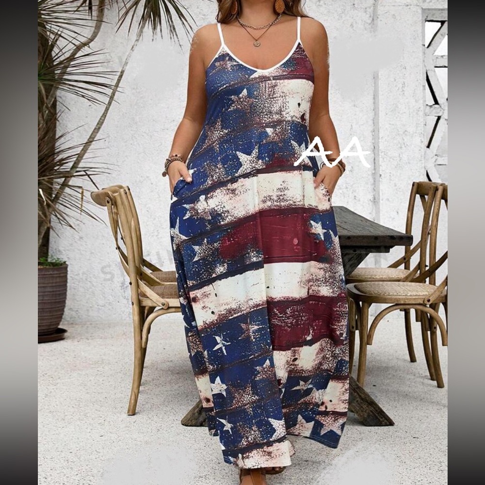 Plus Size Spaghetti Strap stars Stripes Sleeveless Tank Top Maxi Dress Pockets - Picture 1 of 4